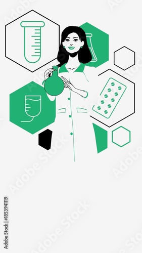 Minimal medical animation of a female scientist surrounded by lab icons, pills and glassware. Ideal for pharma branding, healthcare reels, medical apps