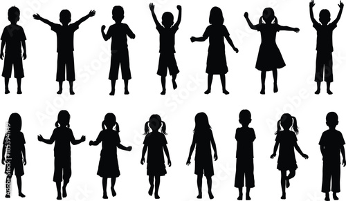 Children silhouettes set showing boys and girls standing, walking and playing poses isolated on white background childhood lifestyle illustration
