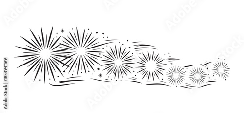 Horizontal row of black and white fireworks, forming a dynamic arc, perfect for celebration headers or borders