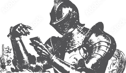 Knight in armor holding a sword. Historical vector illustration depicting a medieval character in black and white.