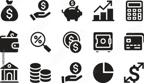 Finance Banking Economy Icon Silhouette Vector Set, Money Chart Investment Symbols Collection Isolated On White Background