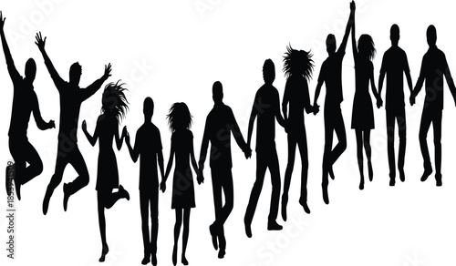 Happy people silhouettes holding hands and jumping together showing friendship, unity and celebration isolated on white background joyful teamwork concept