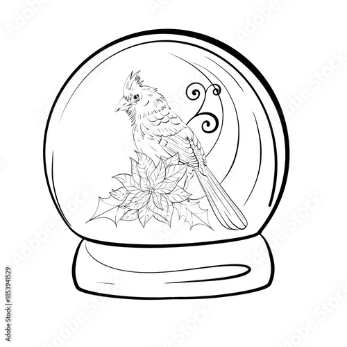 Snow Globe Featuring Cardinal Bird and Poinsettia Plant Decorated With Swirling Patterns in a Clean Line Art Style Perfect for Coloring or Decoration