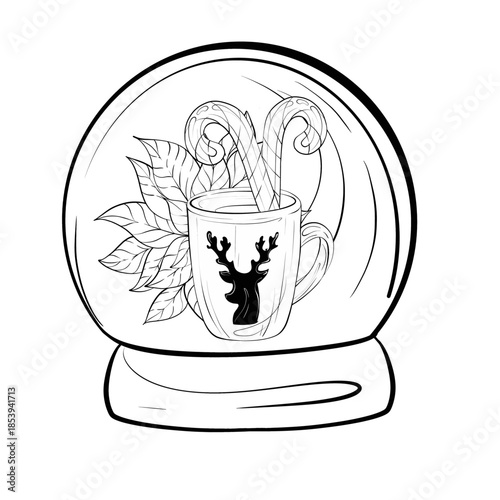 Snow Globe With Hot Drink and Candy Canes Festive Design Winter Themed Cozy Atmosphere Holiday Decoration Suitable for Coloring Activity