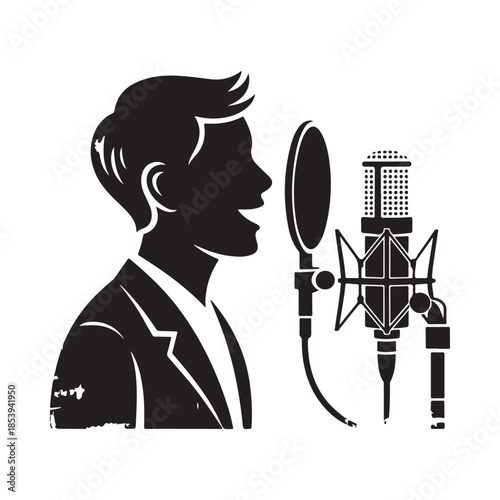 A silhouetted man singing into a vintage style studio microphone