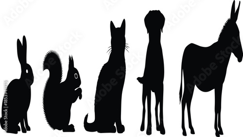 Animal silhouettes lineup featuring rabbit squirrel cat dog and donkey isolated on white background wildlife and domestic species illustration