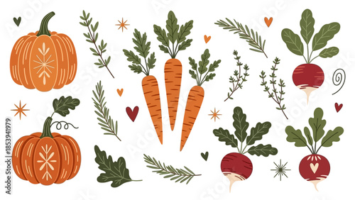 Rustic Farmhouse Folk Art Vegetable and Herb Kitchen Kit Featuring Carrots Pumpkins Radishes and Aromatic Herbs for Autumn Wedding Catering Menus and Farm Style Decor