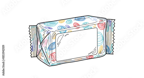 Glossy soap wrapper with colorful abstract design isolated on a white background, showcasing vibrant swirls and patterns