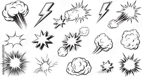Comic blast and lightning doodle icon set. Thunder, shock and power effects. Hand drawn vector illustration.