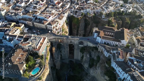 Aerial view of Ronda landscape and buildings with Puente Nuevo Bridge, Spain