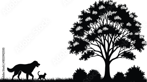 Dog and cat silhouettes walking together near tree in peaceful nature landscape isolated on white background friendship concept illustration