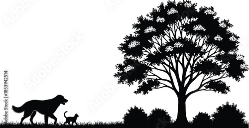 Dog and cat silhouettes walking together under large tree in peaceful nature landscape isolated on white background friendship concept
