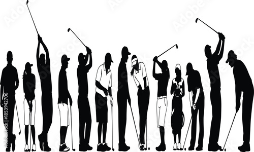 Golf player silhouettes showing swing sequence and putting poses by professional and amateur golfers isolated on white background sports concept