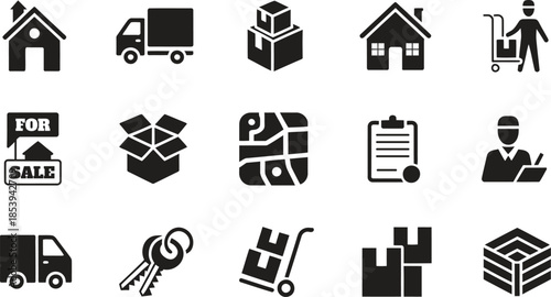 Real Estate Property Icon Silhouette Vector Set, House Sale Rent Home Symbols Collection Isolated On White Background