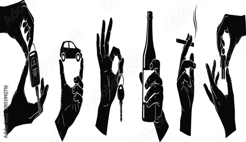 Hand silhouettes holding everyday objects like keys bottle cigarette phone showing lifestyle symbols isolated on white background concept