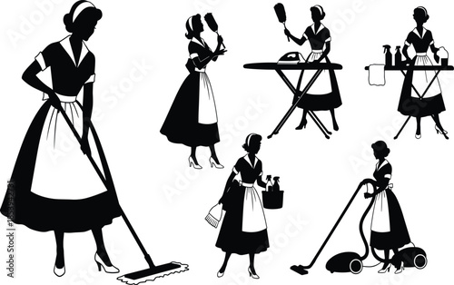 Housemaid and housekeeping silhouettes showing cleaning, ironing and household chores activities isolated on white background domestic service concept
