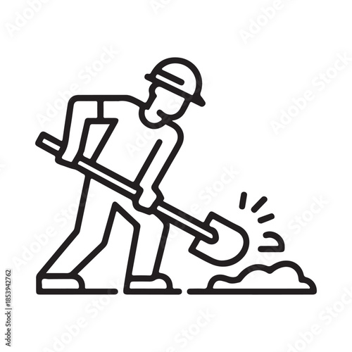 A worker digging with a shovel a simple line art illustration