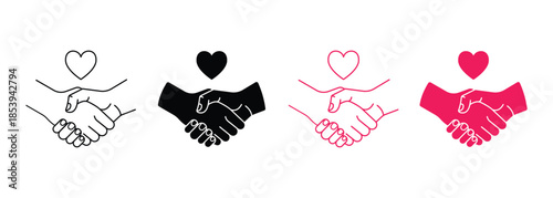 Handshake heart icon set. Valentine concept handshake heart vector signs. Partnership, friendship, love symbols. Vector illustration.