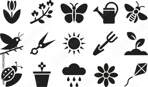 Spring Icon Silhouette Vector Set, Flower Plant Bird Water Sun Symbols Collection Isolated On White Background