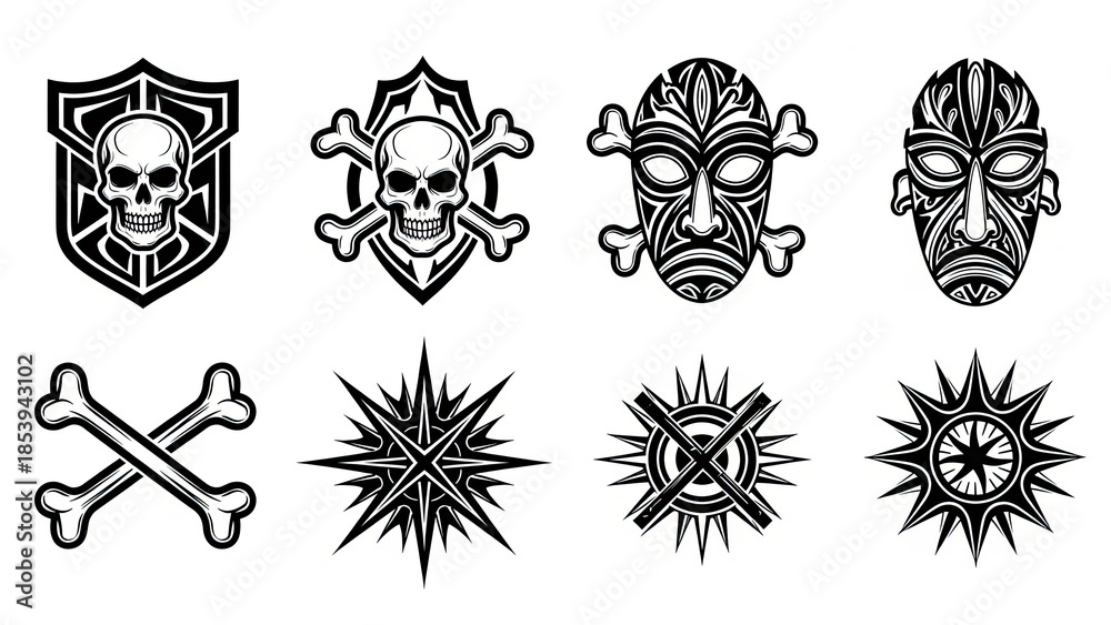 Fototapeta premium Tribal Masks, Skulls, Crossbones and Geometric Symbols Vector Set