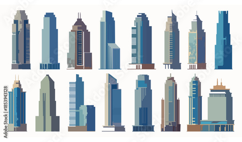 Skyscraper building vector elements set in flat style isolated on transparent background