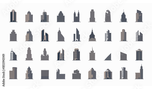 Minimal skyscraper icons vector set with flat urban buildings isolated on transparent background