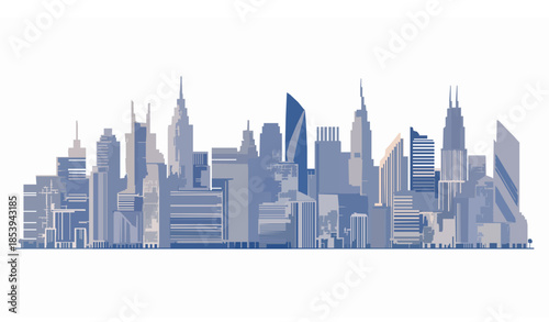 Flat skyscrapers vector illustration set with modern city skyline isolated on transparent background
