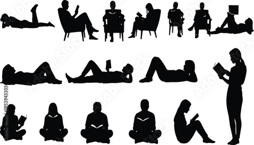 People silhouettes reading books in sitting, standing and lying poses showing education, relaxation and leisure activities isolated on white background