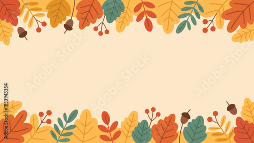 A beautiful seasonal border showcasing colorful autumn leaves, red berries, and acorns on a warm light background
