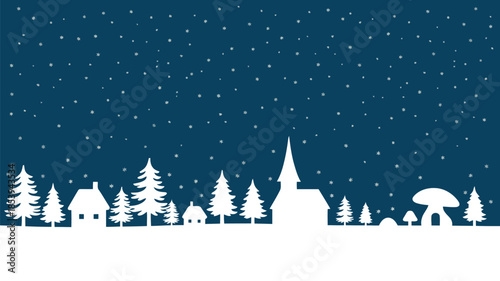 A bright white winter village silhouette featuring houses, trees, and a prominent church under a snowy night sky