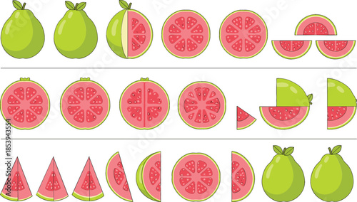 Fresh pink guava fruit vector set featuring whole fruits, half slices, and wedges isolated on white background for tropical food packaging, juice labels, and healthy nutrition designs.