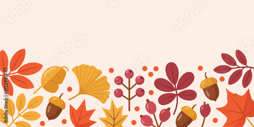 A charming autumnal border featuring colorful leaves, red berries, and acorns on a soft pastel background
