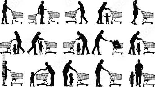 Shopping cart silhouettes showing family and individual grocery shopping activities with children in supermarket isolated on white background
