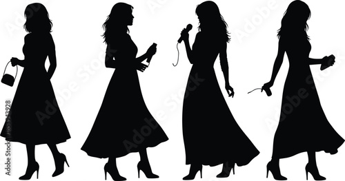 Elegant woman silhouettes holding accessories and microphone showing fashion lifestyle and singing poses isolated on white background illustration concept art