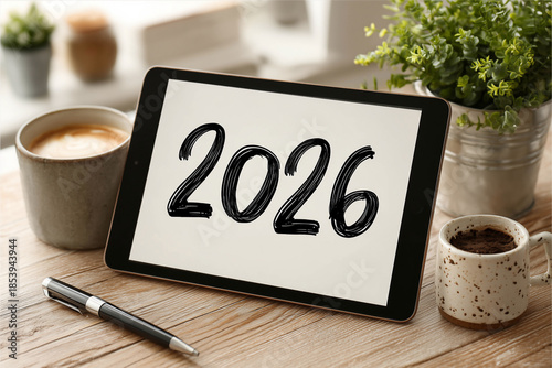 Digital tablet displaying year 2026 on screen with coffee cup and pen on wooden desk for business planning or future goal setting