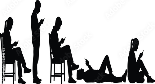 People silhouettes using smartphones in sitting, standing and lying poses showing modern technology addiction isolated on white background lifestyle concept