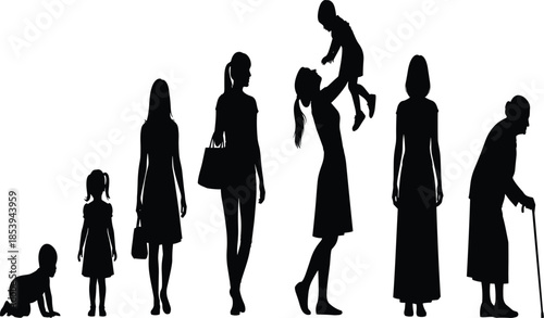 Female life stages silhouettes showing growth from baby to elderly woman with motherhood and aging process isolated on white background