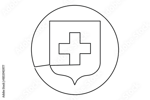 Continuous one line drawing of a medical cross inside a shield and circle