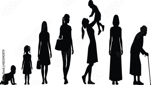 Female life stages silhouettes from baby to elderly woman showing motherhood, family growth and aging isolated on white background