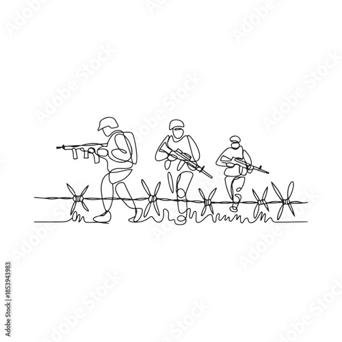 Line art depiction of soldiers with rifles crossing barbed wire obstacles