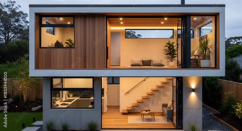 Fototapeta premium Modern Two-Story House Exterior with Wood Accents and Interior Lights