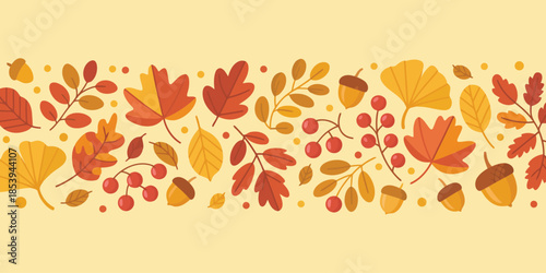 A charming horizontal arrangement showcases diverse autumn leaves, bright red berries, and acorns against a soft cream backdrop