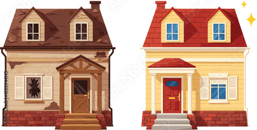 Flat vector illustration showing a house renovation before and after with a dilapidated old building next to a repaired clean modern home