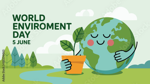 A cheerful cartoon Earth character with rosy cheeks embracing a small green plant in an orange pot