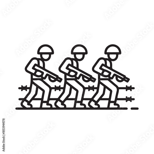 Line of soldiers advancing through barbed wire simple black and white illustration