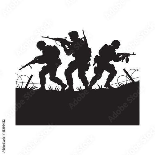 Silhouette of soldiers advancing with rifles during a military operation