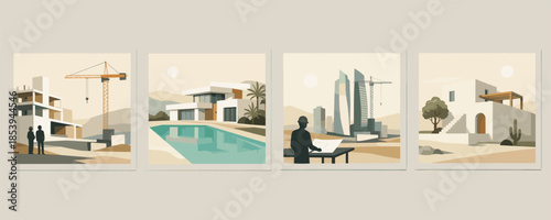 The illustration shows the path from construction to completed housing, then to the design of large structures, and finally to the creation of outstanding architectural masterpieces.