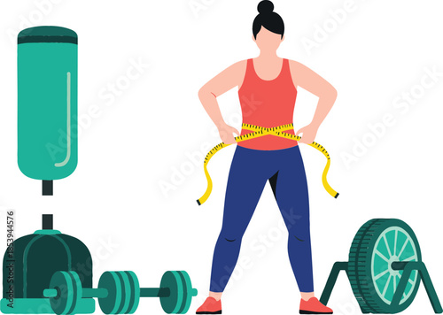 Flat Vector Illustration of a Woman Measuring Her Waist with Tape in a Gym Setting with Punching Bag Dumbbells and Weight Plate.