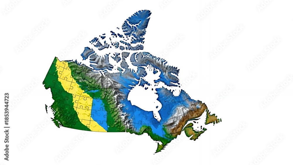 Fototapeta premium Colorful topographic map of Canada with diverse terrain features