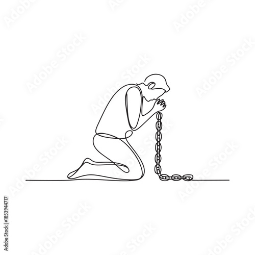 A single line drawing of a kneeling figure with a chain